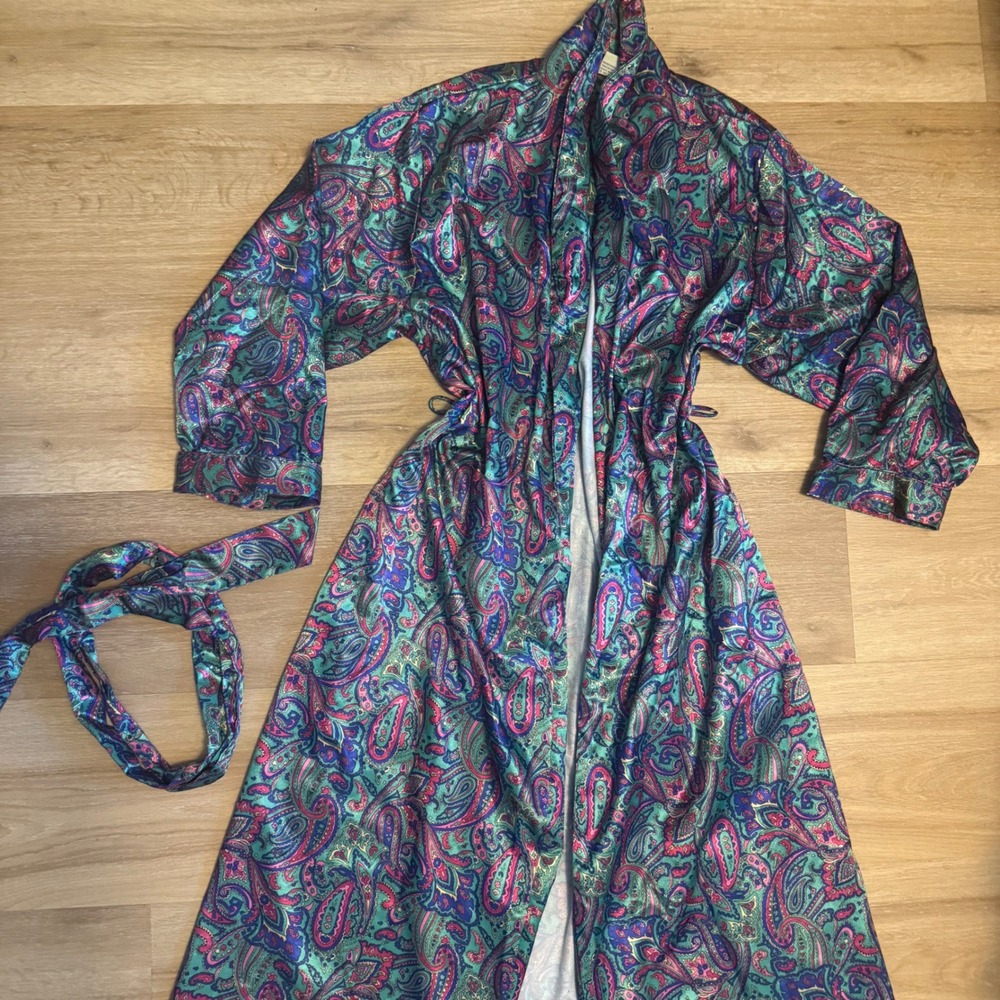 Adonna VTG Satin Robe Large Teal Pink Paisley Maximalist Artsy Long Gown